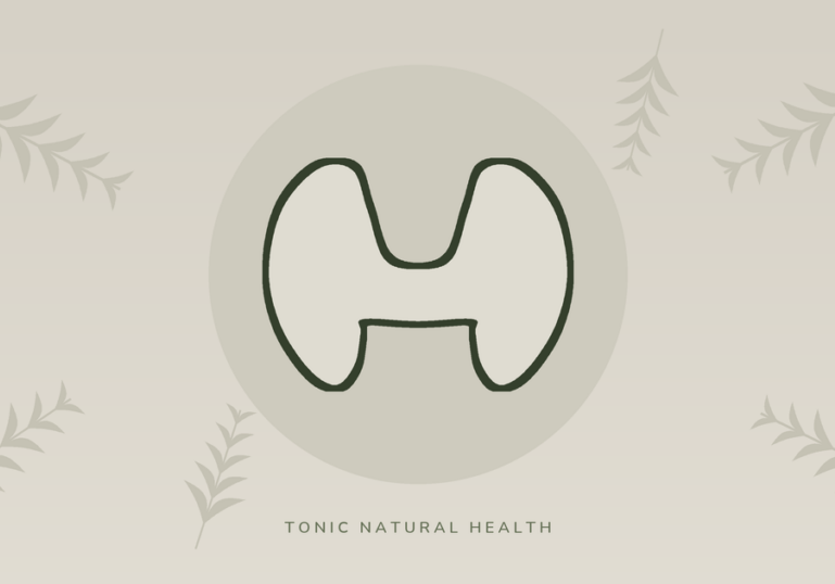 Illustration of the thyroid gland surrounded by botanical leaves, in Tonic Natural Health brand colours